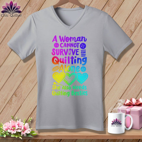 MyDesigns Physical Item Athletic Heather / S A Woman Cannot Survive Quilting Alone ~SuperSoft V-Neck Tee