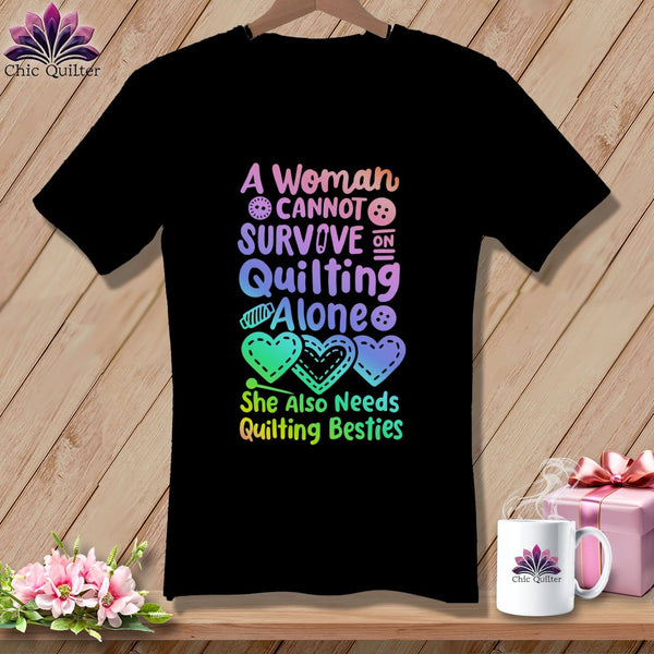 MyDesigns Physical Item Black / S A Woman Cannot Survive Quilting Alone ~SuperSoft V-Neck Tee