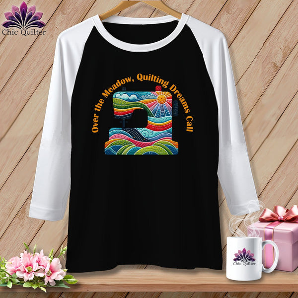 MyDesigns Physical Item Black/White / S Over the Meadow, Quilting Dreams Call Orange ~ Raglan 3/4 Sleeve Tee