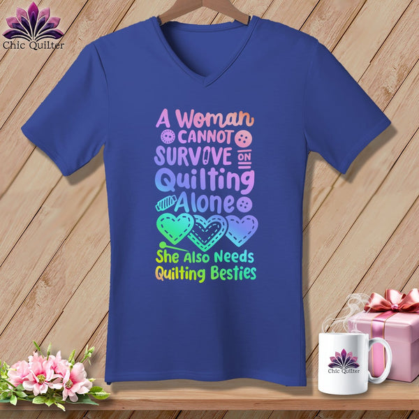 MyDesigns Physical Item Heather True Royal / S A Woman Cannot Survive Quilting Alone ~SuperSoft V-Neck Tee
