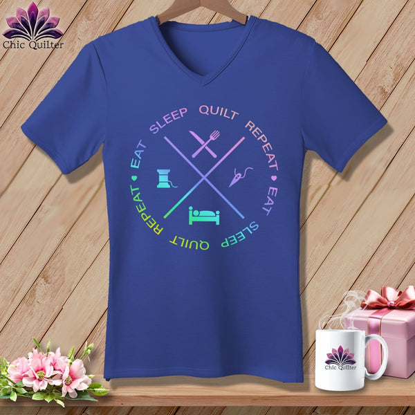MyDesigns Physical Item Heather True Royal / S Eat sleep quilt repeat ~SuperSoft V-Neck Tee