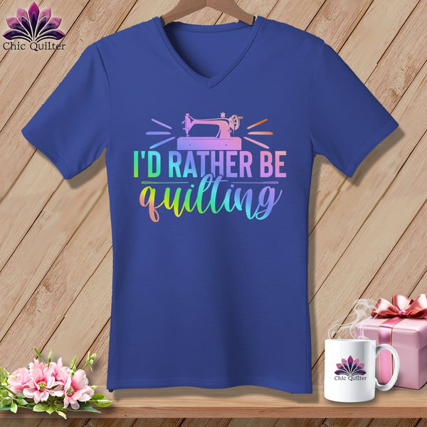 MyDesigns Physical Item Heather True Royal / S I'd Rather be Quilting ~SuperSoft V-Neck Tee