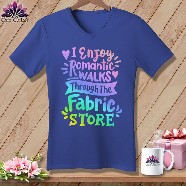 MyDesigns Physical Item Heather True Royal / S I Enjoy Romantic Walks Through the Fabric Store ~SuperSoft V-Neck Tee