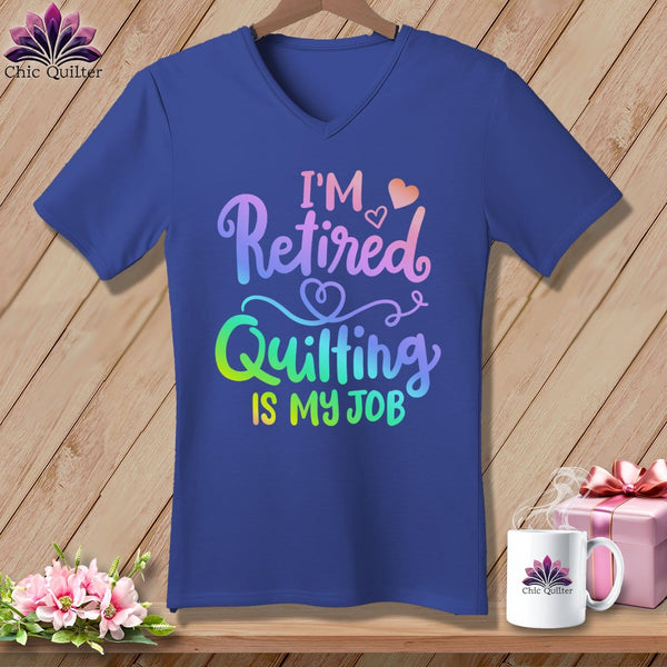 MyDesigns Physical Item Heather True Royal / S I'm Retired Quilting is My ~SuperSoft V-Neck Tee