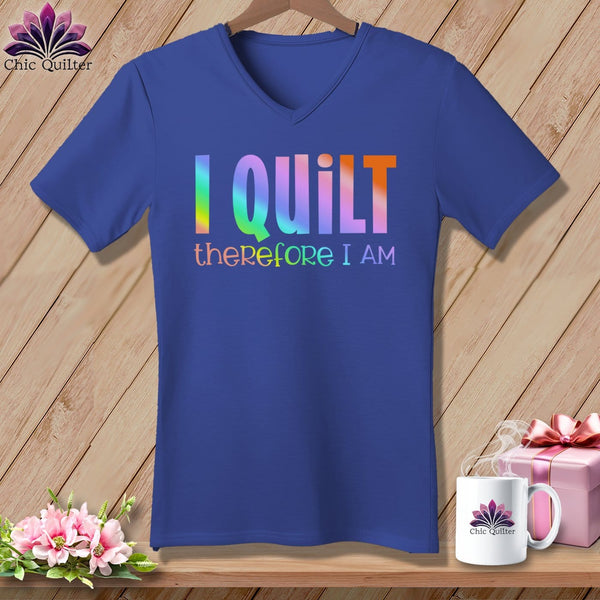 MyDesigns Physical Item Heather True Royal / S I Quilt Therefore I Am ~SuperSoft V-Neck Tee