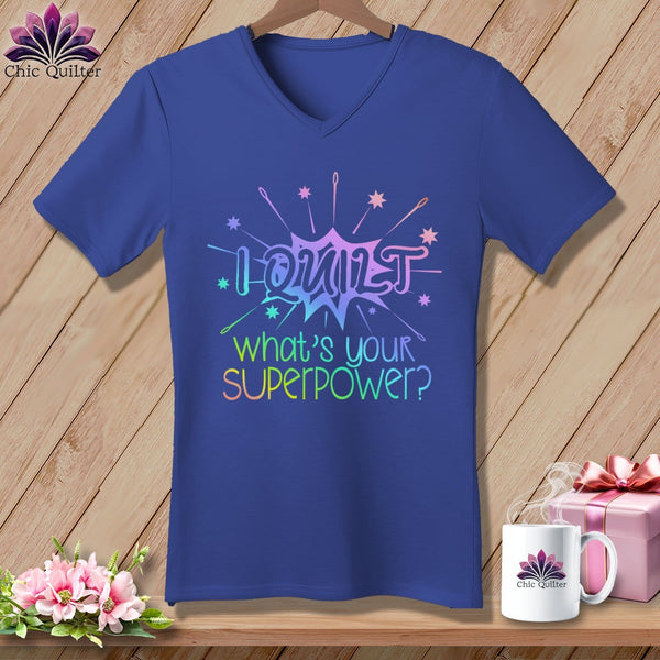 MyDesigns Physical Item Heather True Royal / S I quilt what's your superpower? ~SuperSoft V-Neck Tee