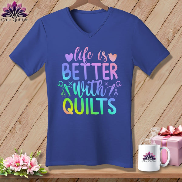 MyDesigns Physical Item Heather True Royal / S LIfe is Better with Quilts ~SuperSoft V-Neck Tee
