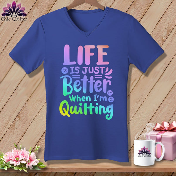 MyDesigns Physical Item Heather True Royal / S Life is Just Better When I'm Quilting ~SuperSoft V-Neck Tee