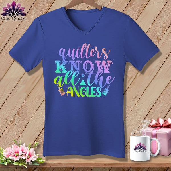 MyDesigns Physical Item Heather True Royal / S Quilters Know All the Angles ~SuperSoft V-Neck Tee