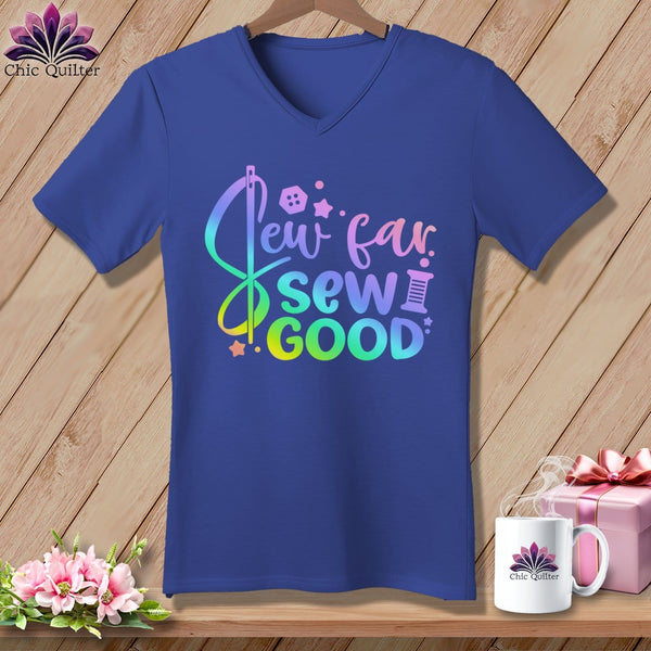 MyDesigns Physical Item Heather True Royal / S Sew Far Sew Good ~SuperSoft V-Neck Tee