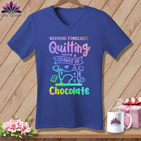 MyDesigns Physical Item Heather True Royal / S Weekend Forecast Quilting With a Chance of Chocolate ~SuperSoft V-Neck Tee