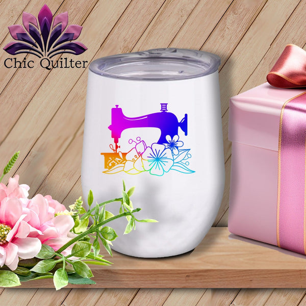 MyDesigns Physical Item Rainbow Print / White / 12 oz Tropical Sewing ~ 12oz Wine Tumbler with Lid
