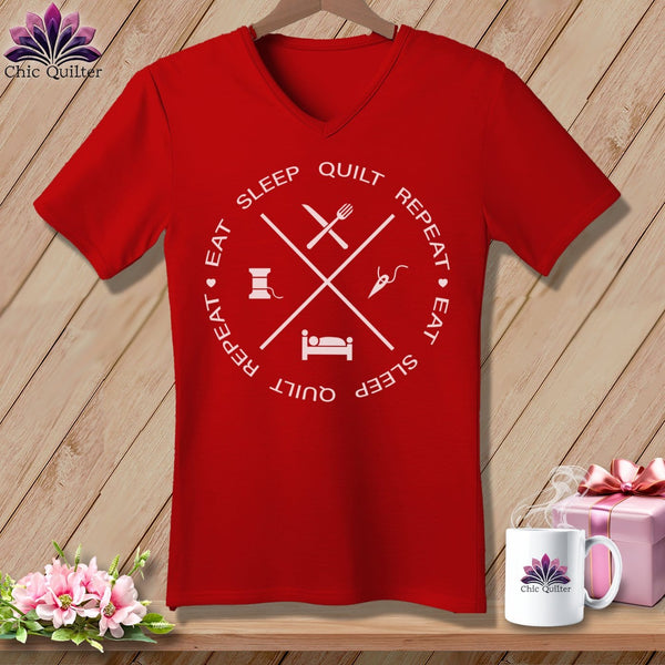 MyDesigns Physical Item Red / S Eat sleep quilt repeat ~SuperSoft V-Neck Tee