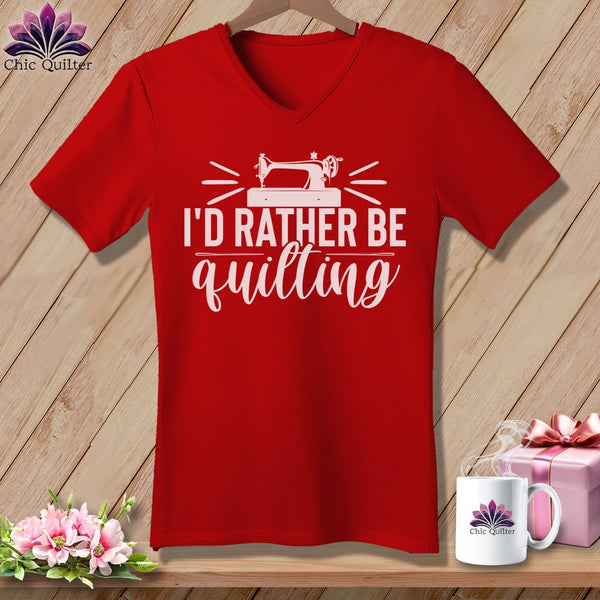 MyDesigns Physical Item Red / S I'd Rather be Quilting ~SuperSoft V-Neck Tee