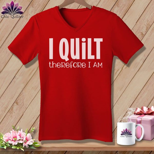 MyDesigns Physical Item Red / S I Quilt Therefore I Am ~SuperSoft V-Neck Tee