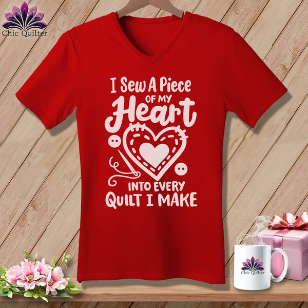 MyDesigns Physical Item Red / S I Sew A Piece of My Heart Into Every Quilt ~SuperSoft V-Neck Tee