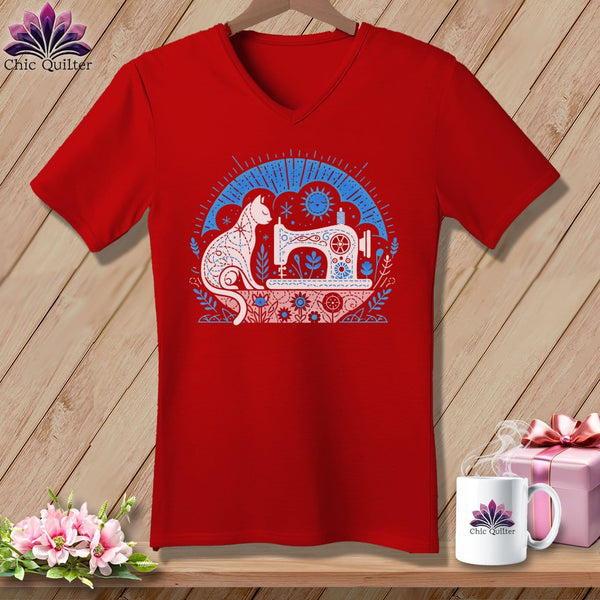 MyDesigns Physical Item Red / S Kitty Cat Quilts ~ SuperSoft V-Neck Tee
