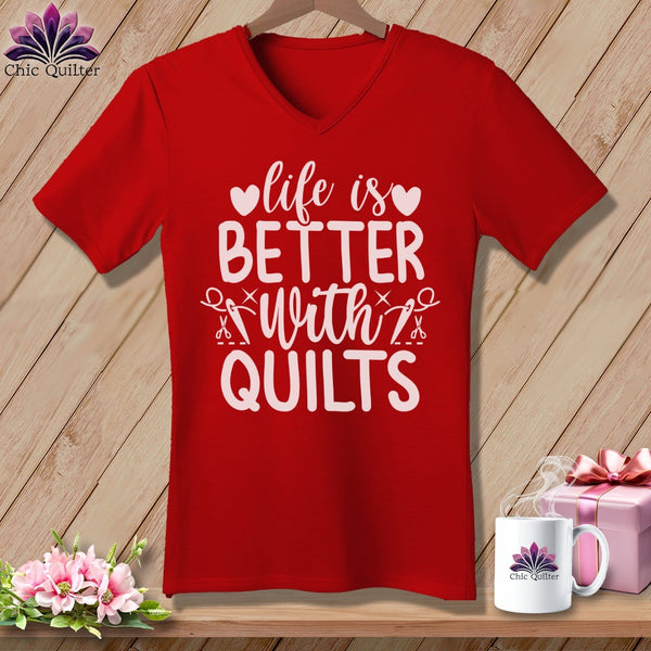 MyDesigns Physical Item Red / S LIfe is Better with Quilts ~SuperSoft V-Neck Tee