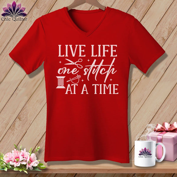 MyDesigns Physical Item Red / S Live Life One Stitch at a Time ~SuperSoft V-Neck Tee