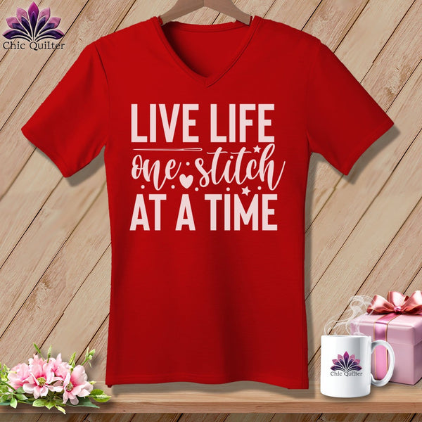 MyDesigns Physical Item Red / S Live Life One Stitch at a Time ~SuperSoft V-Neck Tee