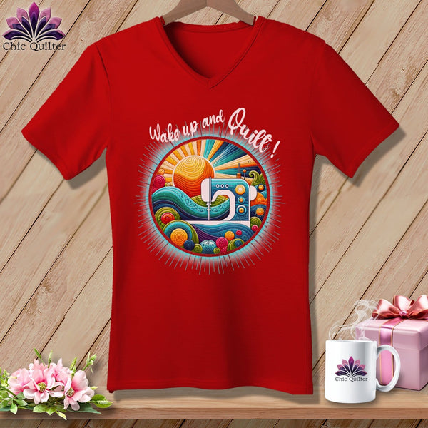 MyDesigns Physical Item Red / S Wake up and Quilt ~ SuperSoft V-Neck Tee