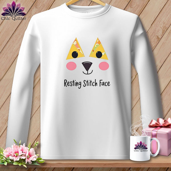 MyDesigns Physical Item S / White Patchwork Face - Resting Stitch Face ~ Long Sleeve Tee