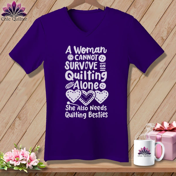 MyDesigns Physical Item Team Purple / S A Woman Cannot Survive Quilting Alone ~SuperSoft V-Neck Tee