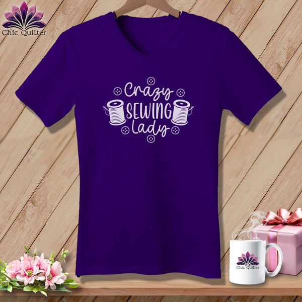 MyDesigns Physical Item Team Purple / S Crazy sewing lady ~SuperSoft V-Neck Tee