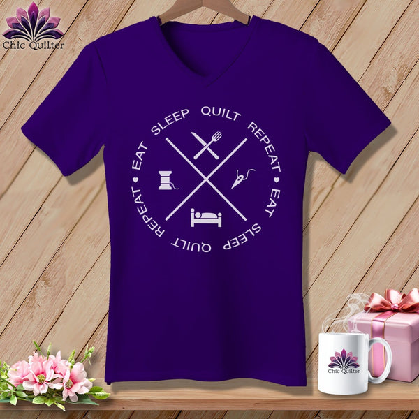 MyDesigns Physical Item Team Purple / S Eat sleep quilt repeat ~SuperSoft V-Neck Tee