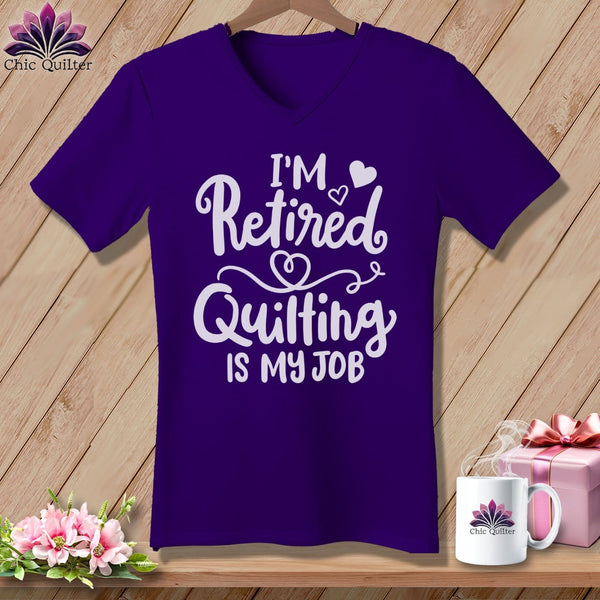 MyDesigns Physical Item Team Purple / S I'm Retired Quilting is My ~SuperSoft V-Neck Tee