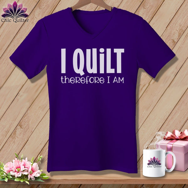 MyDesigns Physical Item Team Purple / S I Quilt Therefore I Am ~SuperSoft V-Neck Tee