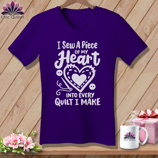 MyDesigns Physical Item Team Purple / S I Sew A Piece of My Heart Into Every Quilt ~SuperSoft V-Neck Tee