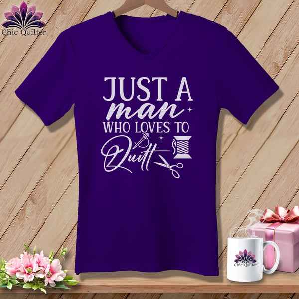 MyDesigns Physical Item Team Purple / S Just a Man Who Loves to Quilt ~SuperSoft V-Neck Tee