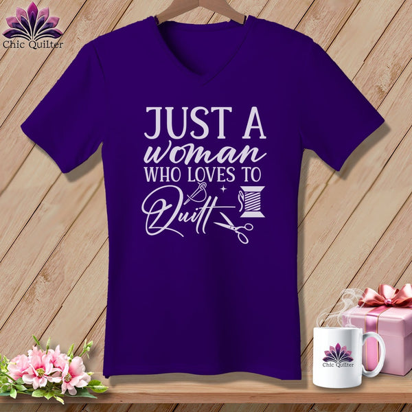 MyDesigns Physical Item Team Purple / S Just a Woman Who Loves to Quilt ~SuperSoft V-Neck Tee