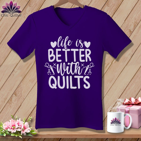 MyDesigns Physical Item Team Purple / S LIfe is Better with Quilts ~SuperSoft V-Neck Tee
