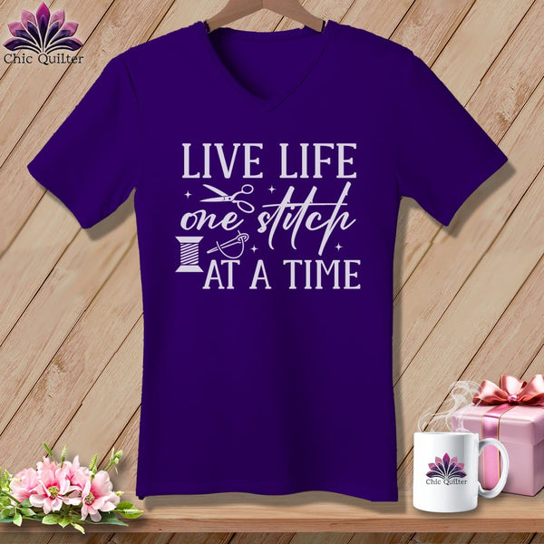 MyDesigns Physical Item Team Purple / S Live Life One Stitch at a Time ~SuperSoft V-Neck Tee