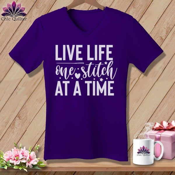 MyDesigns Physical Item Team Purple / S Live Life One Stitch at a Time ~SuperSoft V-Neck Tee