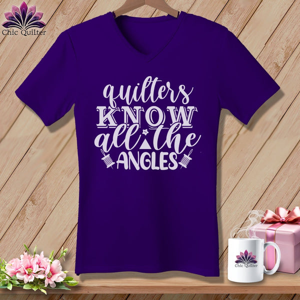 MyDesigns Physical Item Team Purple / S Quilters Know All the Angles ~SuperSoft V-Neck Tee
