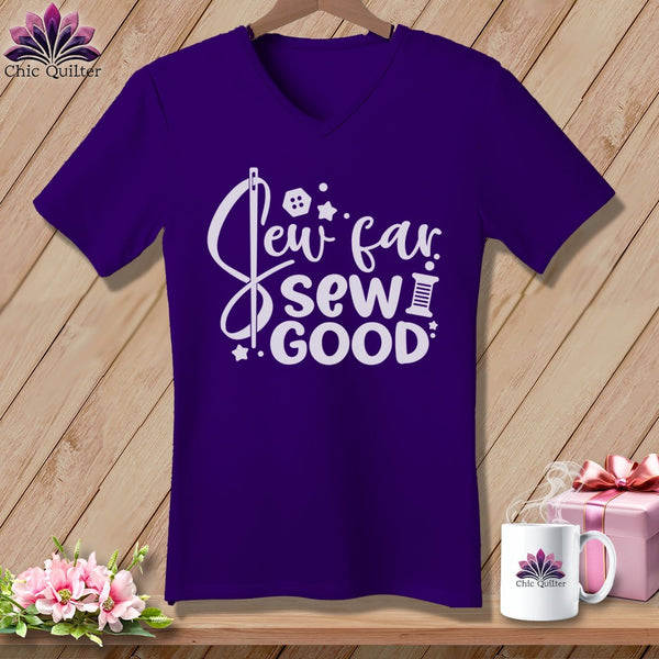 MyDesigns Physical Item Team Purple / S Sew Far Sew Good ~SuperSoft V-Neck Tee