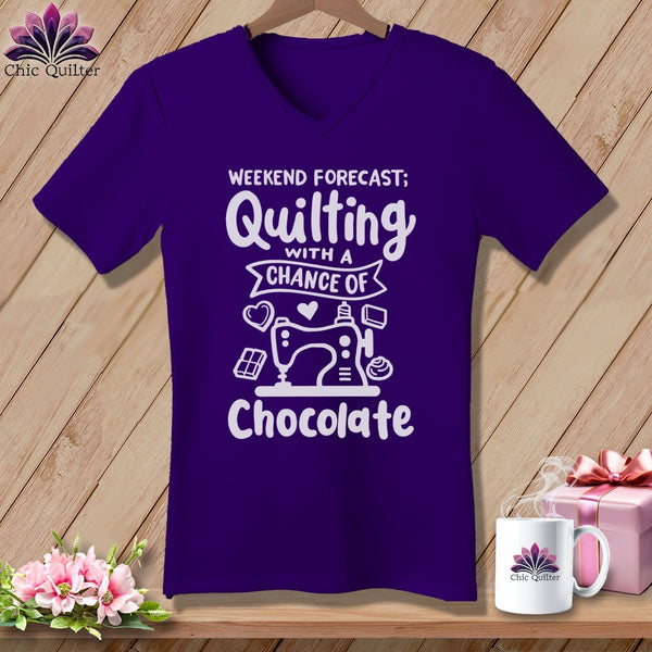 MyDesigns Physical Item Team Purple / S Weekend Forecast Quilting With a Chance of Chocolate ~SuperSoft V-Neck Tee
