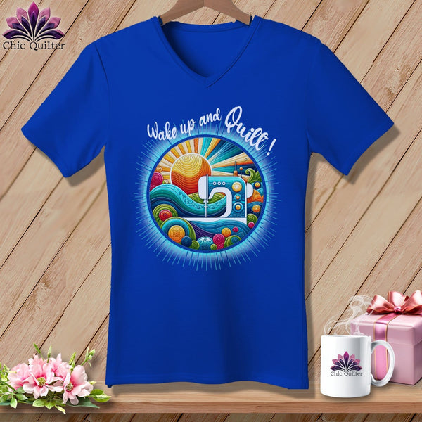 MyDesigns Physical Item True Royal / S Wake up and Quilt ~ SuperSoft V-Neck Tee