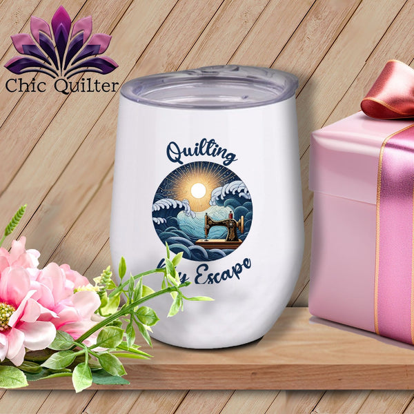 MyDesigns Physical Item White / 12 oz Quilting My Escape - Dark ~ 12oz Wine Tumbler with Lid