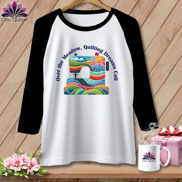 MyDesigns Physical Item White/Black / S Over the Meadow, Quilting Dreams Call Orange ~ Raglan 3/4 Sleeve Tee