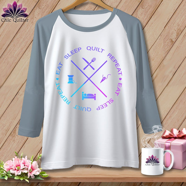 MyDesigns Physical Item White/Denim / XS Eat sleep quilt repeat ~ Raglan 3/4 Sleeve Tee