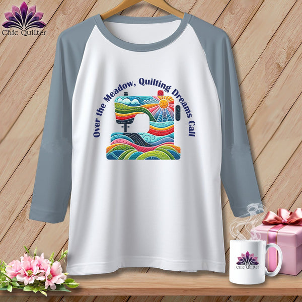 MyDesigns Physical Item White/Denim / XS Over the Meadow, Quilting Dreams Call Orange ~ Raglan 3/4 Sleeve Tee