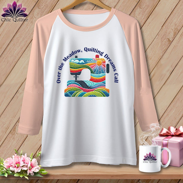 MyDesigns Physical Item White/Heather Peach / XS Over the Meadow, Quilting Dreams Call Orange ~ Raglan 3/4 Sleeve Tee