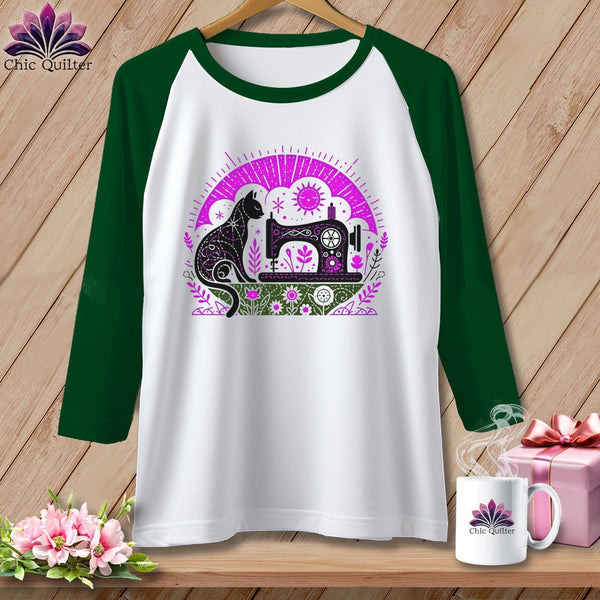 MyDesigns Physical Item White/Kelly / S Kitty Cat Quilts ~ Raglan 3/4 Sleeve Tee