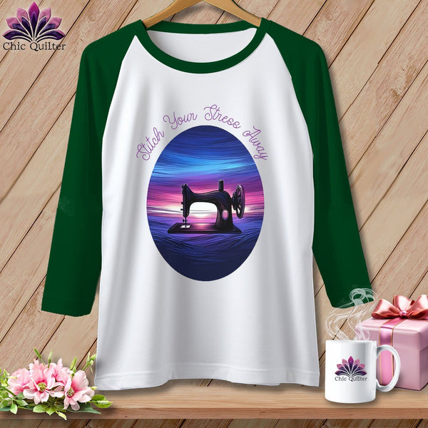 MyDesigns Physical Item White/Kelly / S Stitch your Stress Away ~ Raglan 3/4 Sleeve Tee