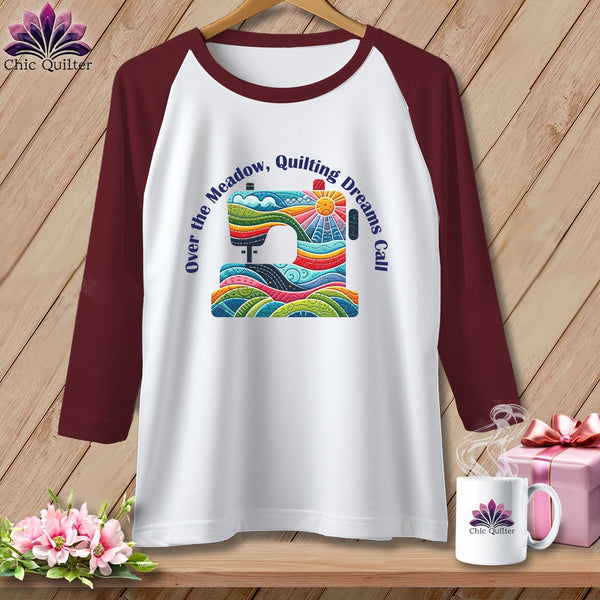 MyDesigns Physical Item White/Maroon / XS Over the Meadow, Quilting Dreams Call Orange ~ Raglan 3/4 Sleeve Tee