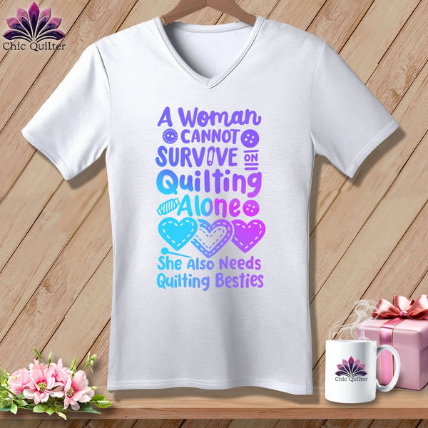 MyDesigns Physical Item White / S A Woman Cannot Survive Quilting Alone ~SuperSoft V-Neck Tee